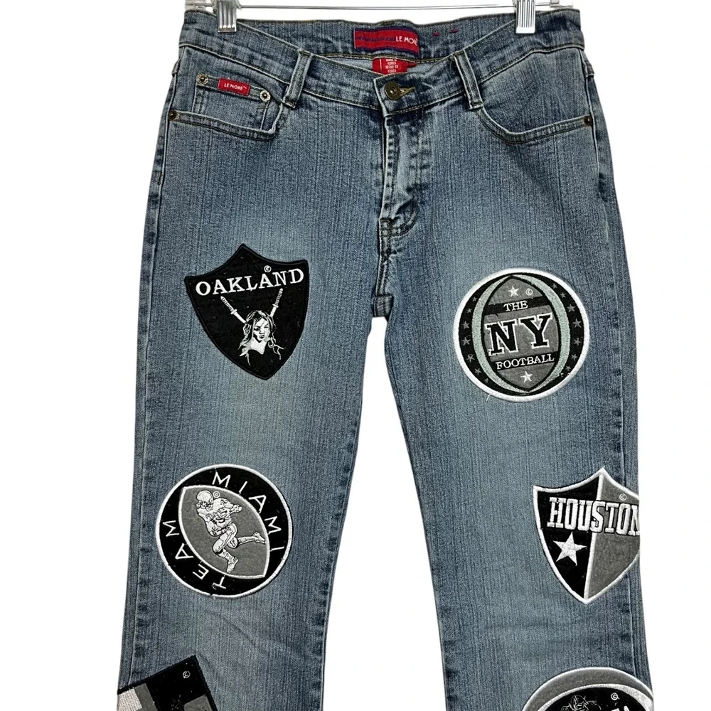 Vintage Le More 90's Bootcut Jeans Patchwork NFL Team Logos ‎ Denim Size 28x31